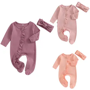 Newborn Infant  Baby Girl Boy Footies Jumpsuit Ribbed Waffle Knit Romper Long Sleeve Zippers Ruffle Jumpsuit Onesie Hospital Clothes