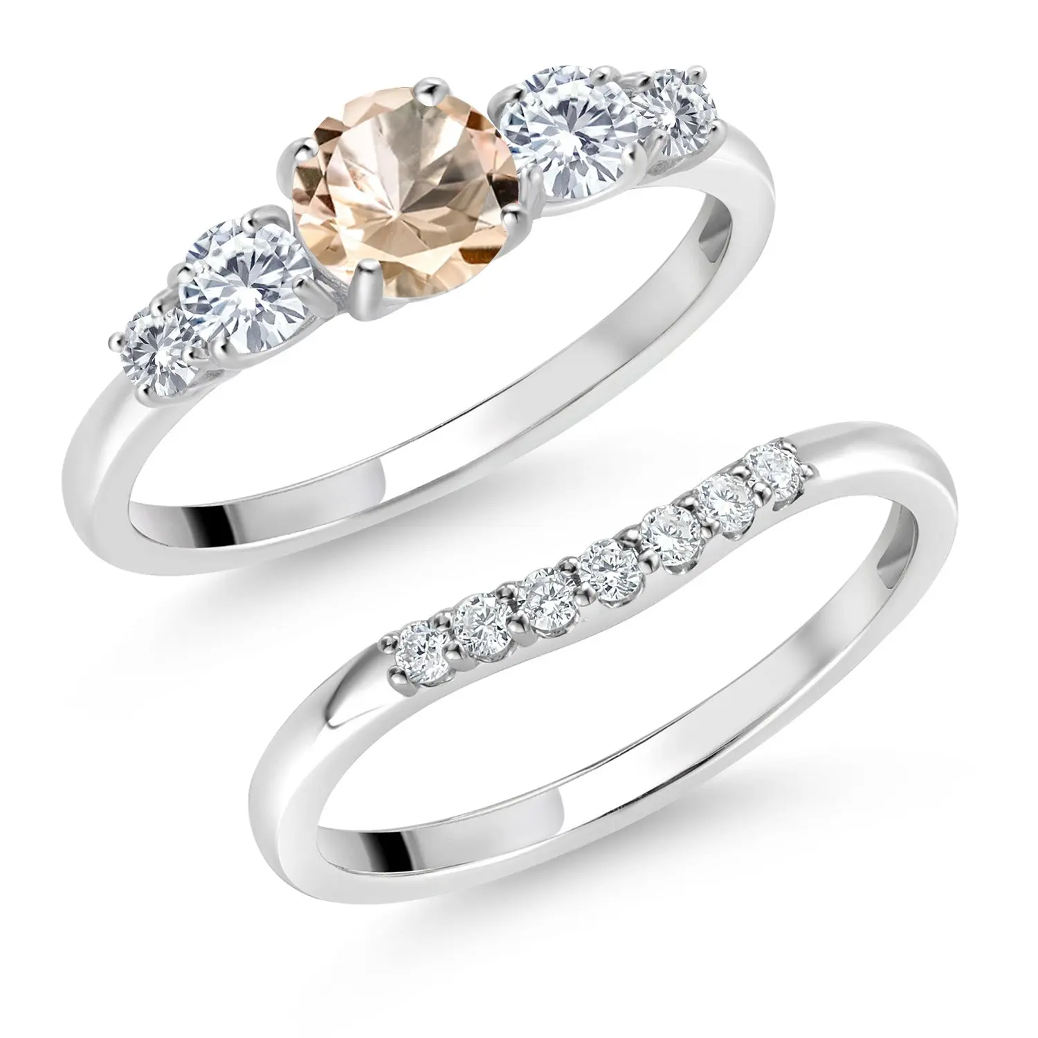 Gem Stone King 10K White Gold Peach Morganite and VVS-VS Lab Grown Diamond 5-Stone Bridal Engagement Wedding Ring Set For Women | 0.71 Cttw | Round: 5MM and 3MM