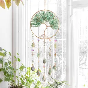 Bohemian Tree of Life Dream Catcher & Sun Catcher, Crystal & Gemstone Wind Chimes, Irregular Tree Shape, Perfect Gift for Home Hanging Decor