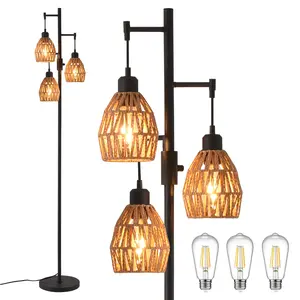 Farmhouse Floor Lamps for Living Room, 3 x 900LM LED Bulbs Included,Industrial Standing Lamp with Boho Rattan Shades, 70" Modern Rustic Lamps with Pedal Switch for decoration,living room decor,Adjustable Elegant Lighting Coverage,Stock Up,Mother's Day
