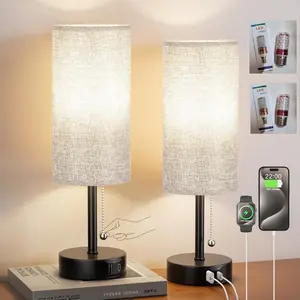 Dimmable Touch Table Lamps for Living Room Traditional Lamps for Bedroom with USB A+C Charging Ports Bedside Nightstand Lamps for Reading Flax Lamps End Table Office, Bulbs Included