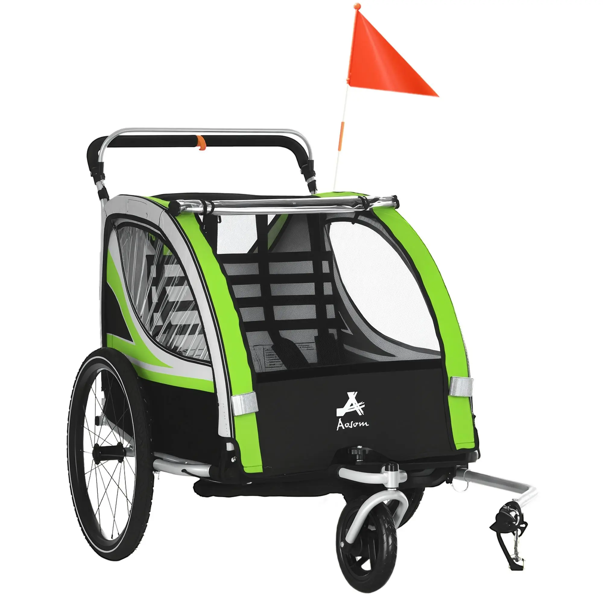 Aosom 2-in-1 Walk/Ride Child Baby Bike Trailer for Kids 2 Seater, High-Visibility Bike Stroller for Toddler Wagon, Weather-Strong Double Bicycle Trailer Accessory