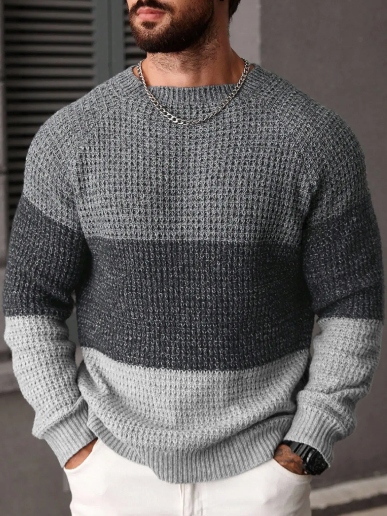 Men's Autumn Winter Casual Knit Pullover Sweater Long Sleeve, Colorblock Hemp Texture Design, Fashionable Layering Choice for Leisure Occasions