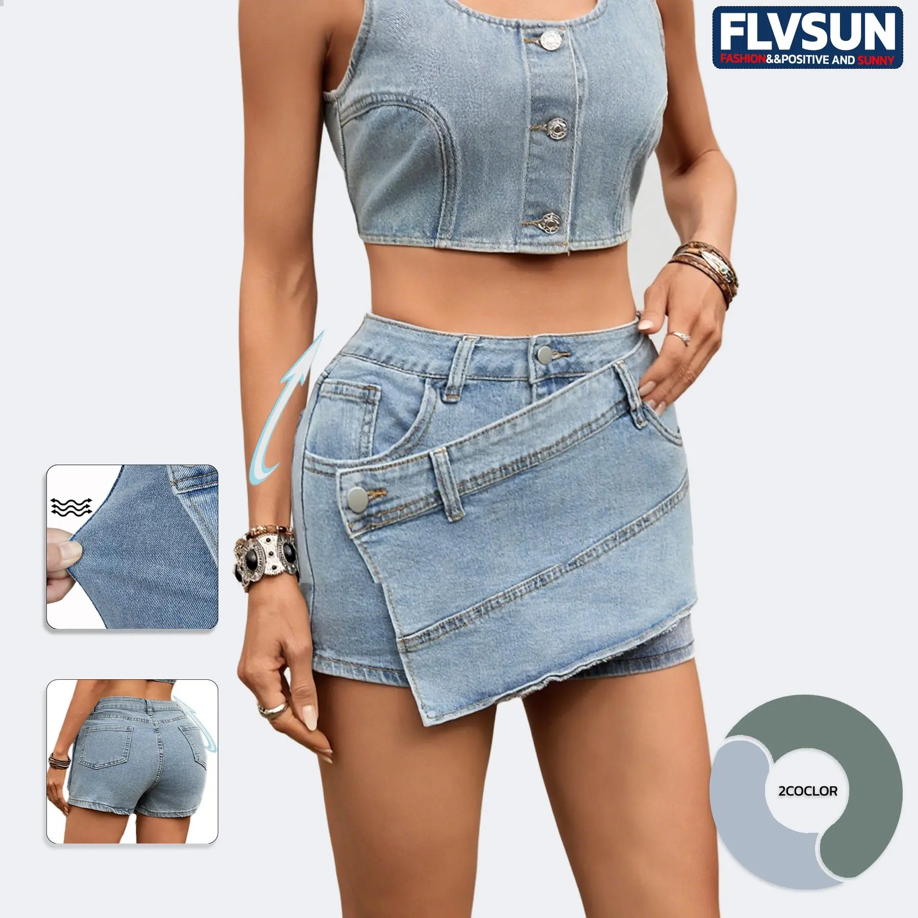 Flvsun Lady's High-Waisted Asymmetrical Wrap Skort, Breathable Cotton Denim Mini Bottom with Side Buttons for Party Wear, Mini Cut, Slim-Fitting, Above Knee, All Seasons, Women, High Waist, Breathable Blend, Button Front, Casual