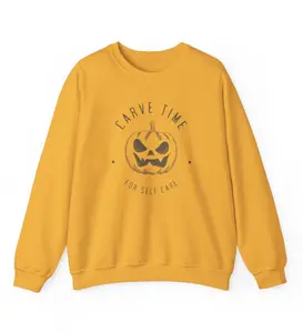 Halloween Jack-o-Lantern Orange Spooky Creepy Self-Care Pumpkin Crewneck Sweatshirt Heavy Blend Autumn Fall 2024