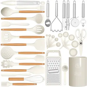 COOKING 35-Piece Silicone Cooking Utensils Set - 446°F Heat Resistant, BPA Free, Cream White Kitchen Utensil Spatula Set with Non-Stick Cookware Friendly Gadgets Stainless Steel