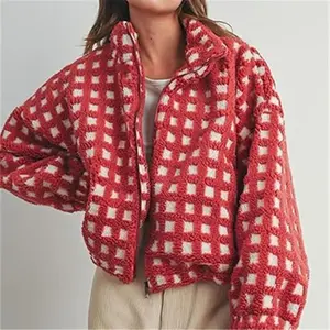 Cute Sherpa wool jacket with fuzzy zipper and checkered cut for outdoor wear, Teddy furry casual Y2K jacket