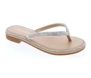 Woman sandal open toe slip on flip flop design rhinestone embellished all around flat heel