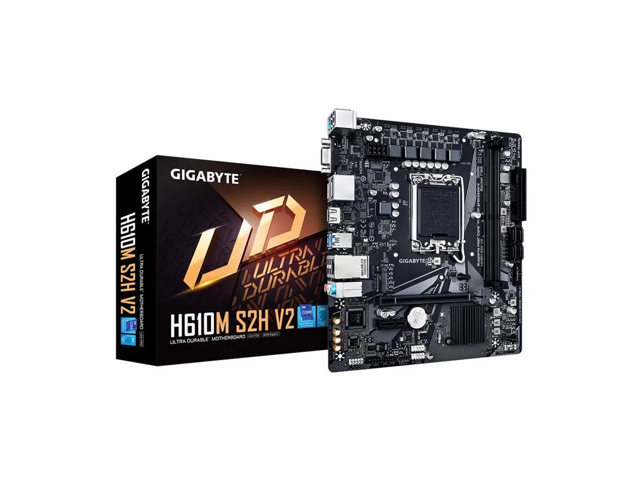 GIGABYTE H610M S2H V2 Motherboard, Supports 14th/13th/12th Gen Intel Core Processors (LGA 1700), mATX, DDR5, 1x M.2, PCIe 4.0, USB-C, HDMI, 2x DisplayPort, D-Sub, 1GbE LAN
