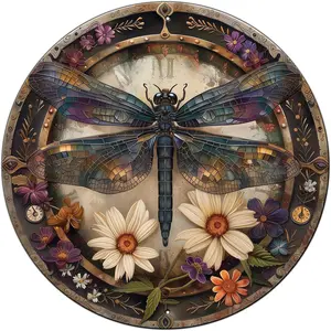 8-Inch Water Proof Metal Round Sign, Dragonfly Motif Vintage Stained-Glass Design - Cottagecore Farmhouse Decorative Plaque, Home Decor Products for Door & Wall, Yard Sign