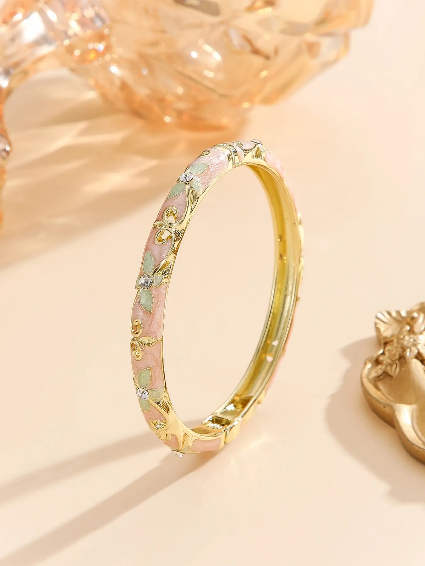Vintage Cloisonne Enamel Flower Bangle Bracelet for Women, Gold Plated Rhinestone Crystal Floral Vine Hinged Cuff Bracelet, Palace Filigree Scroll Jewelry, Elegant Gift for Anniversary Birthday Party, Rhinestone Decorated Bangle