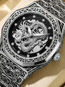Men's Trendy Steel Band Dragon Embossed Mechanical Watch, Analog Round Face, Alloy Case, Mineral Glass, Casual Style, Perfect Gift, Stainless Steel Watch, Dragon Embossing, Mechanical Movement