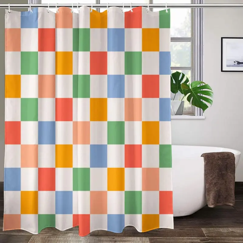Retro Checkered Aesthetic Shower Curtain, Vintage 60s 70s  Washable Waterproof Fabric Bath Curtains Set for Bathroom for Bathroom Decor Art with 12 Hooks, Shower Curtain Sets, Bathroom Decoration Accessories - 72x72 Inch