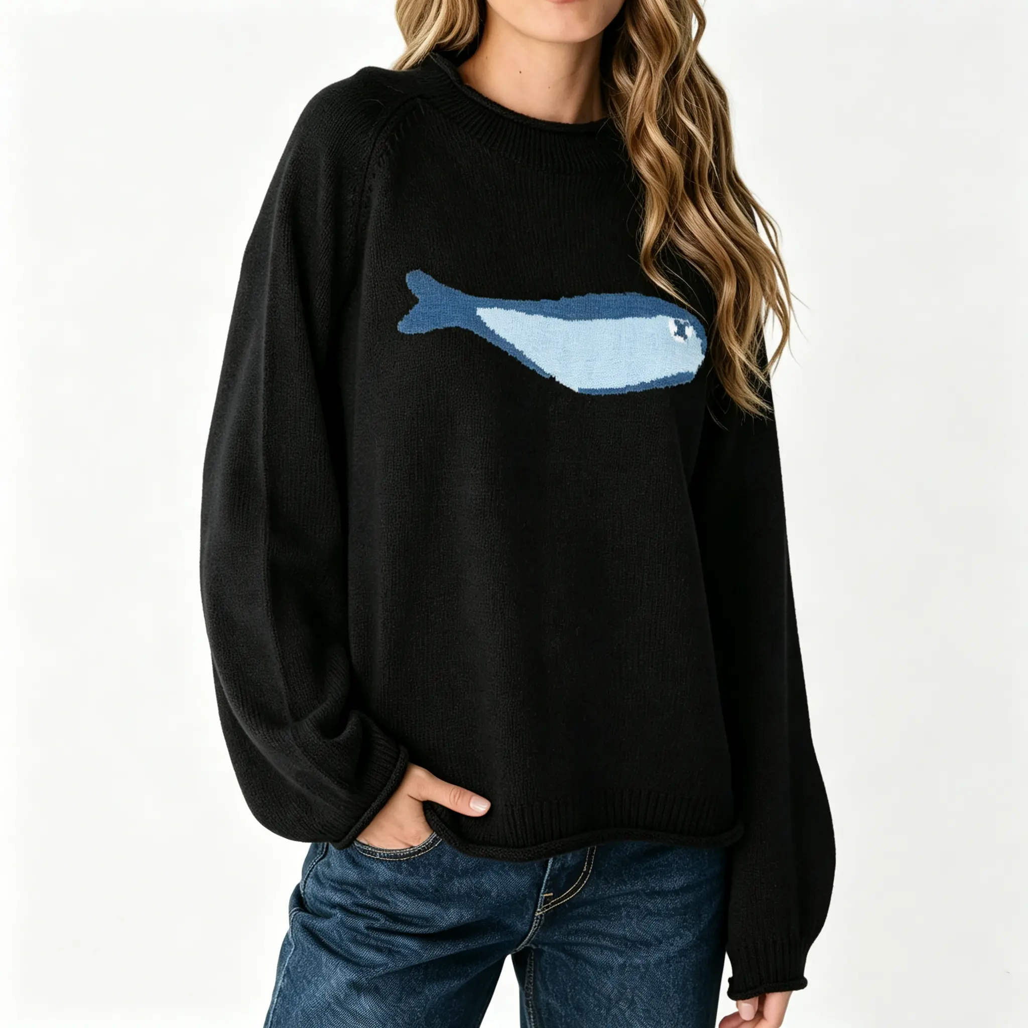 Wodubu Women's Fashion Oversized Round Neck Cute Animal Graphic Longsleeves Chunky Knit Pullover Top, Everyday Style Casual Knitwear