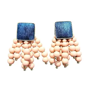 Denim Square Stud Bead Tassel Earrings- Peach