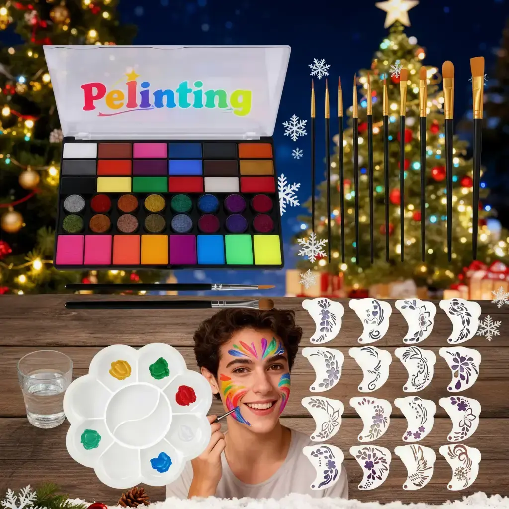 Christmas Fun Holiday Gift Luxury 42 Color Water Soluble Face Paint Set, Includes Brushes Palette Templates, Easy to Apply Washable
