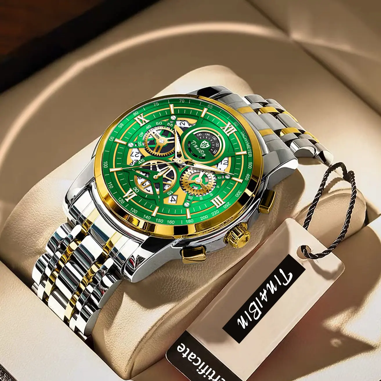 TINAIBIN new multifunctional luxury men's watch, equipped with original Swiss movement, featuring dual calendar, mechanical style, sapphire crystal, stainless steel strap, and luminous waterproof design.