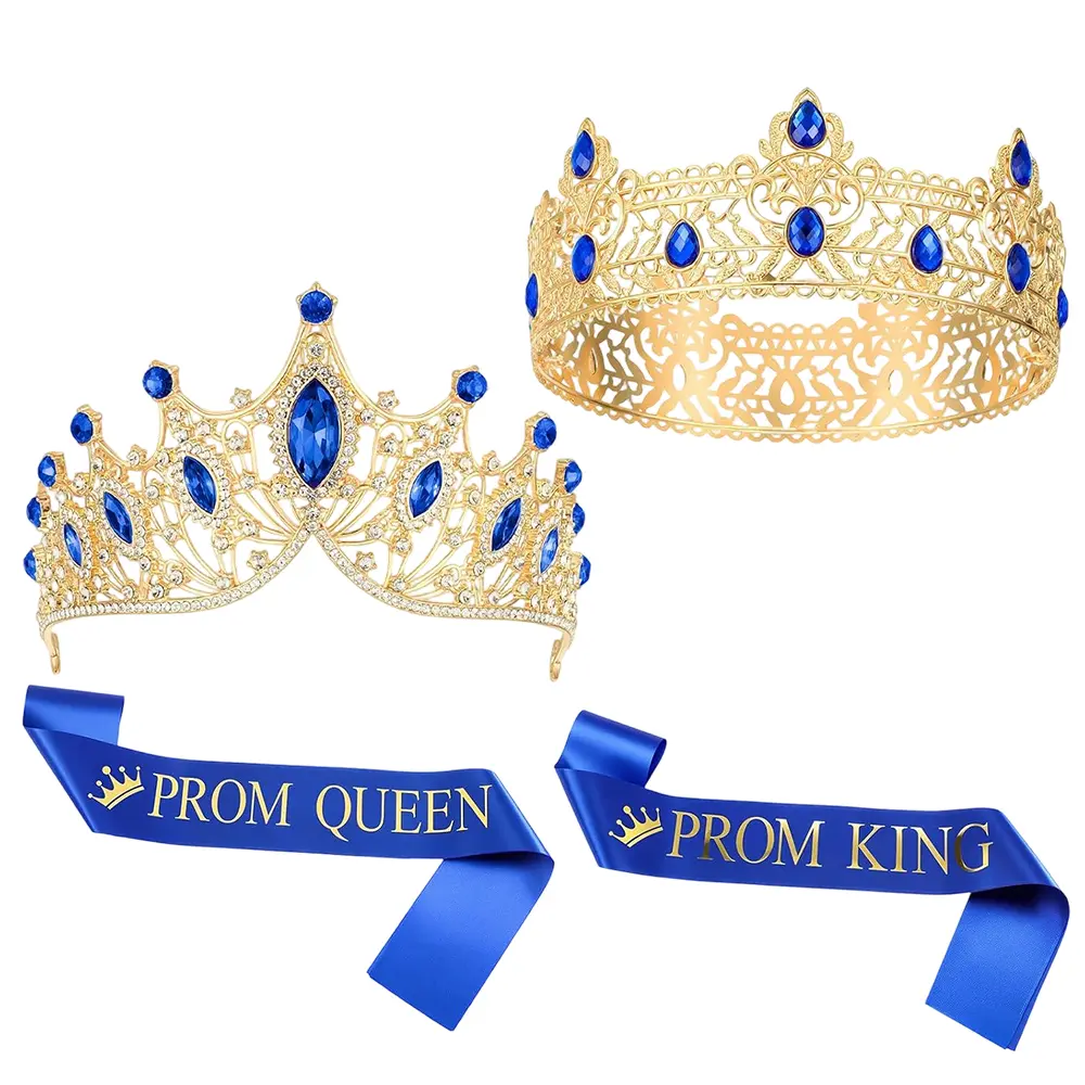 4 Pcs Prom King and Queen Crowns and Sashes Set Graduation Prom King and Queen Tiara Sash for 80's Prom Party Favors