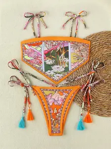 Boho Print Bikini Set, Scarf Triangle Cup Halter Tie Swimwear, Fringe Strap Split Swimsuit, Sexy Back High Waist Beachwear
