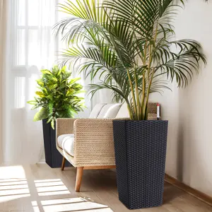 2 Pack 16 Inch Tall Rattan Plant Pots, Large Flower Planters with Water Level Monitor & Wheels, Indoor & Outdoor Decor for Patio, Porch, Living Room and Home Office