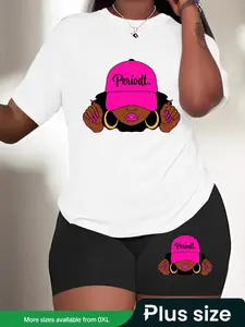 [Plus Size] Two-Piece Set Matching Clothing Set Cartoon Print Short Sleeve Tee & Skinny Shorts, Casual Round Neck T-shirt & Shorts, Women's Summer Clothes for Daily Wear, Suits, Cute Two Piece Sets, Summer Outfits Set