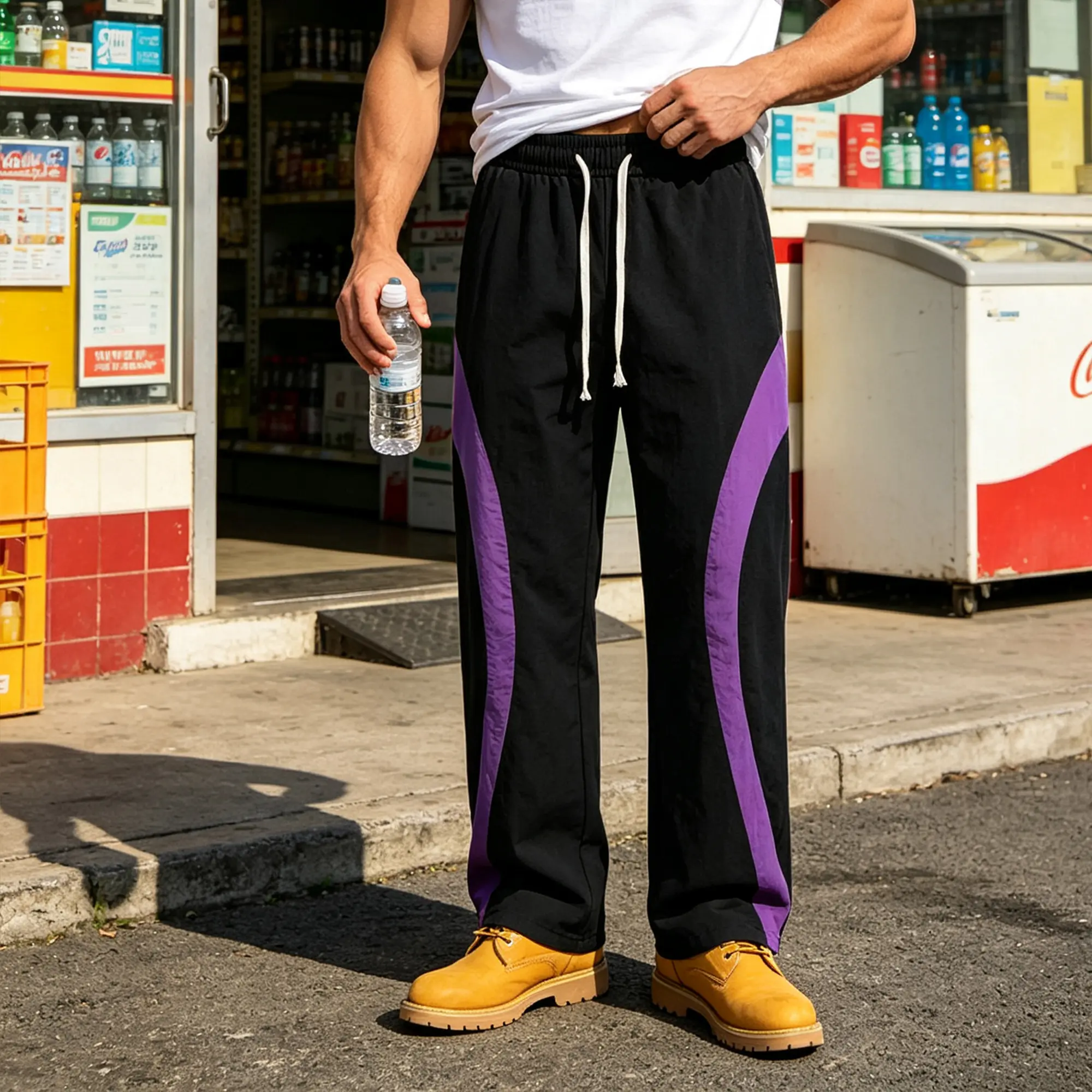 Men's Wide Leg Track Pants with Purple Curved Panels - Stretch Nylon Y2K Sweatpants with Drawstring Waist & Pockets, Relaxed Fit Joggers, No-Logo, S-2XL, Fast US Shipping #CurvedPanelPants #Y2KStreetwear #TikTokMadeMeBuyIt