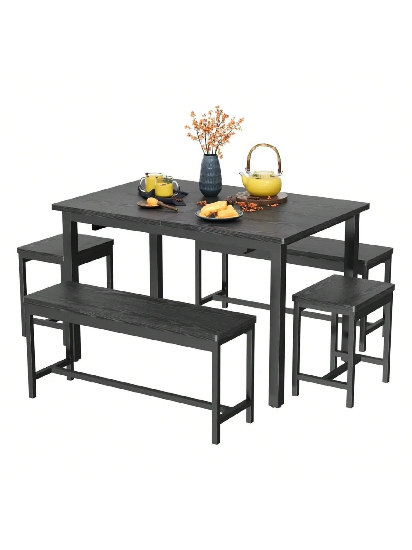 Gaomon 63-Inch MDF Wood 5-Piece Extendable Dining Table Set - Farmhouse Casual Convertible Expandable Child-Friendly Indoor Furniture, Tool-Free Space-Saving Kitchen/Dining Room Set for 4-8 People with 2 Benches, 2 Stools, Casual Dining Tables, Child-Frie