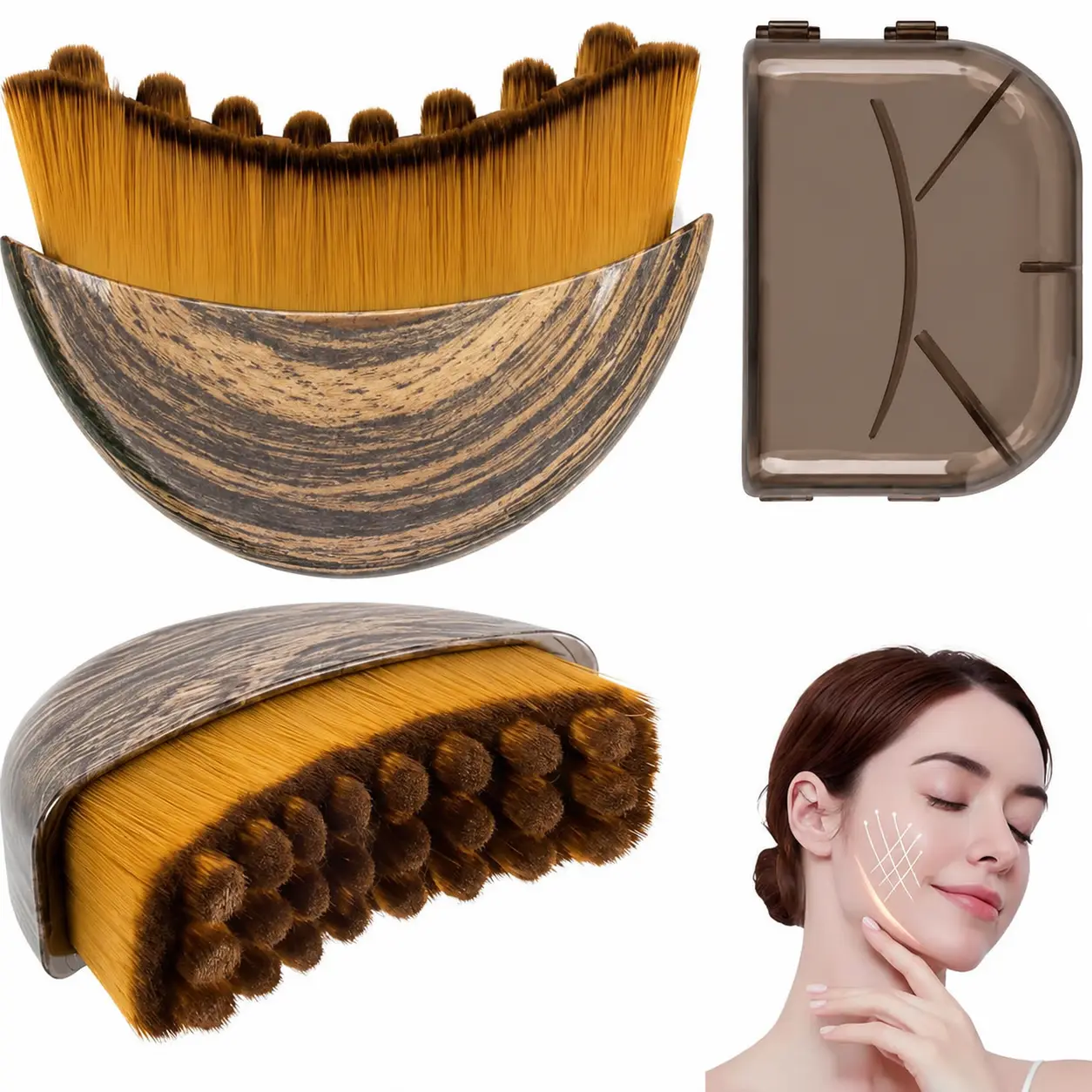 Wood Lymphatic Drainage Face & Neck Massage Brush Kit - Soft Bristles, Curved Design, Dual-Sided Gua Sha Tool, Portable Case, 85G, Neck Support, Lift & Firm Skin, Depuff With Me, Larger Full-Body Sizes, All Skin Types, Boost Skincare Absorption, Adults, L