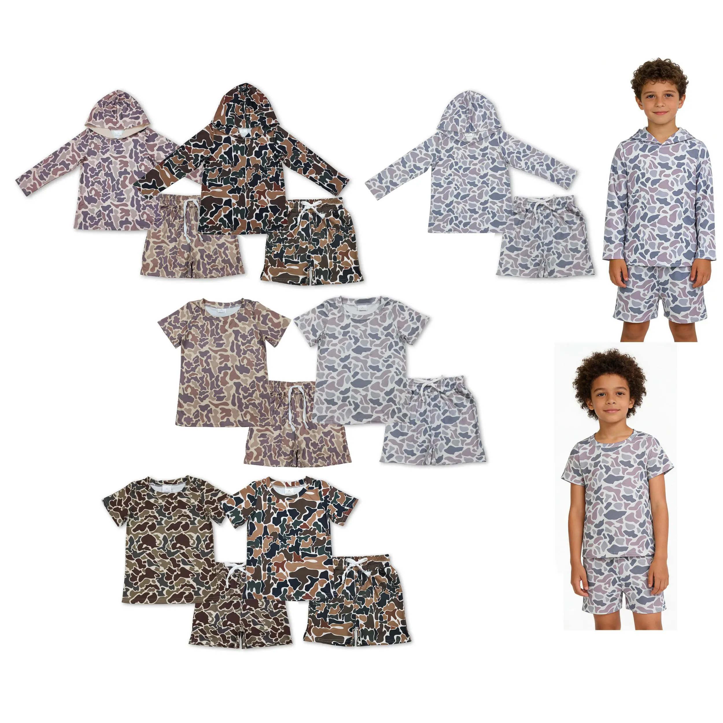 Boys' Grey Camouflage 2-Piece Set - Cute Comfy Casual Sweatshirt & Shorts, Kids' Fashion Must-Haves for 4-5 Years Old Boys, Camouflage Set, Print Set, Child-Sized Boys' Sets