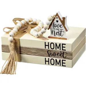 4 Pcs Wooden Farmhouse Stacked Books Set, Home Sweet Home Decorative Books with Wooden Beads Garland, White Faux Books Decoration, Faux Decorative Books For Coffee Table, Home, Office, Living Room