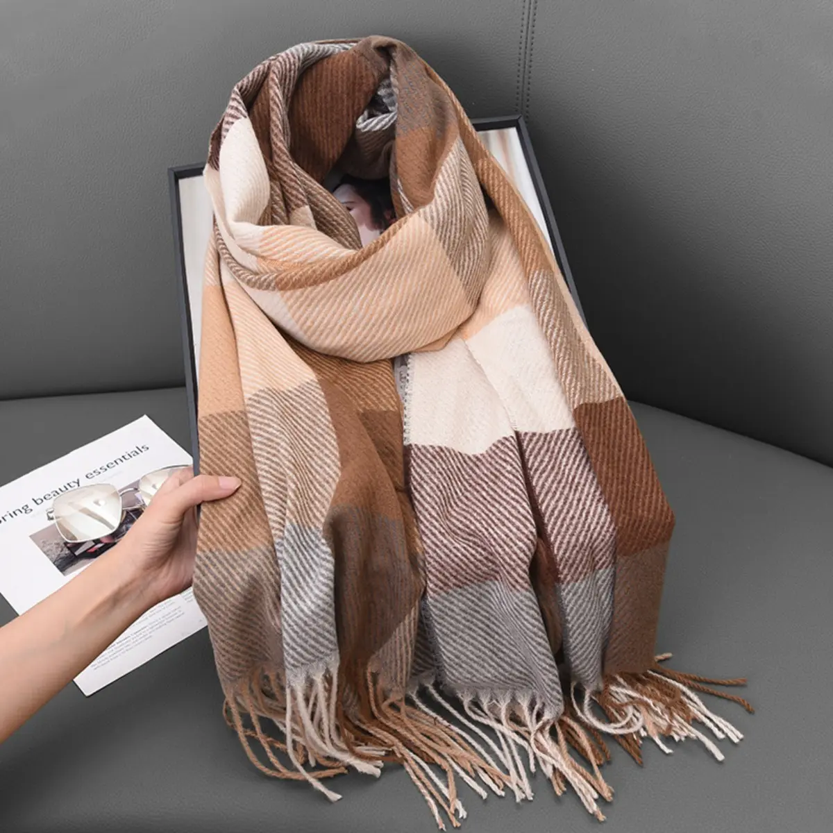 English British Style Plaid Scarf Winter Warm Shawl Wrap for Women Girls Casual Fringe Long Blanket Scarf