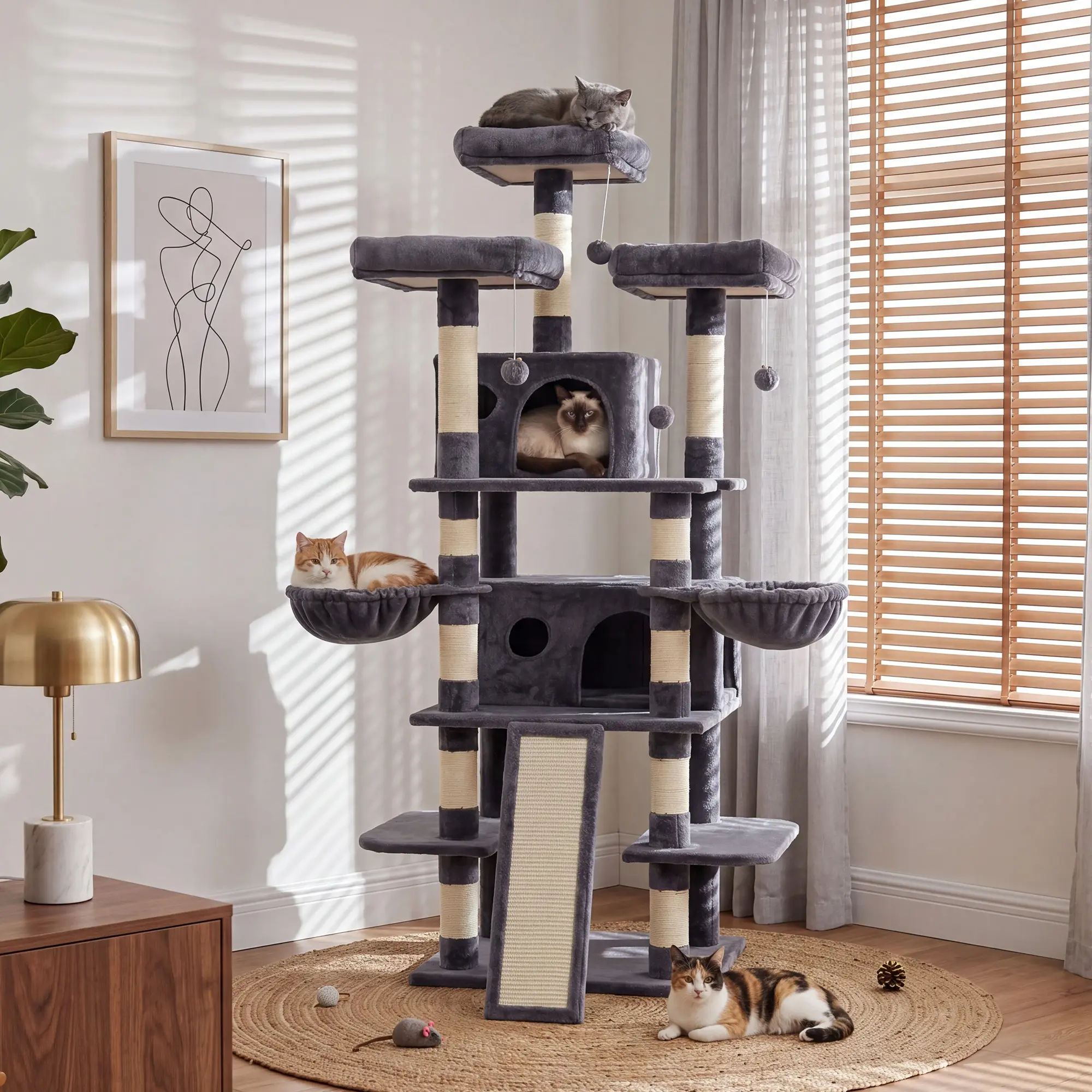 NAVINE 70.9 Inches Multi-Level Big Cat Tree, Multi-Level Cat Tower for Indoor Cats, Cat Trees and Towers for Large Cats with Sisal Scratching Posts/Cat Hanging Basket&Cat Hair Brush/Big Cat Condo/Plush Perch