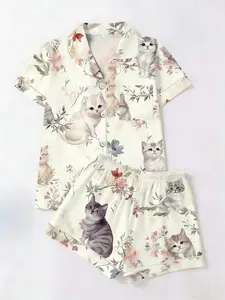 Women's 2-Piece Cute Cat Print Pajamas Set, Loungewear, Short Sleeve Button-Down Shirt, Pocketed Elastic Waist Shorts, Spring Summer Casual Wear