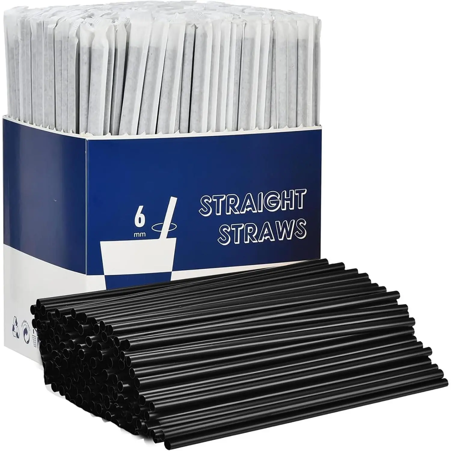 500-Pack Black Plastic Disposable Drinking Straws, Individually Wrapped Party Straight Straws - 7.75" x 0.23"