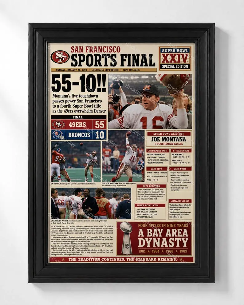San Francisco 49ers Bowl XXIV Newspaper Poster - Joe Montana 55-10 Championship Print, Wall Artwork Decor for Room, Fan Gift