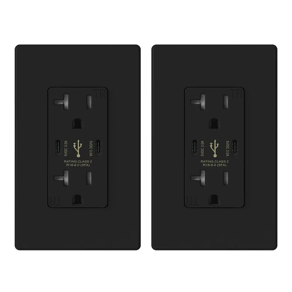 ELEGRP USB Outlets Receptacles, 30W 6.0 Amp USB C Wall Outlet, 20 Amp Tamper Resistant Outlet with 2 USB C Ports, UL Listed, Wall Plate Included, Black 2PC