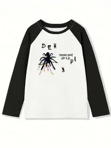 Women's Colorblock Long Sleeve Top, Cotton Geometric Graffiti Aesthetic Design, Vibrant Octopus Text Print, Casual Loose Fit, Fall & Winter Fashion, Streetwear