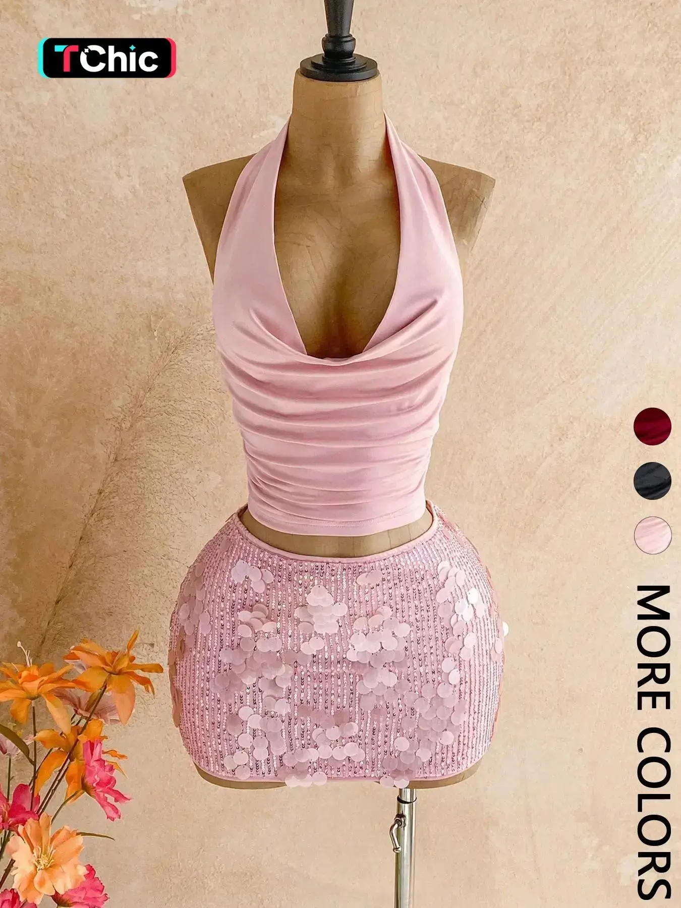 Elegant Party Set, Halter Top & Sequin Rhinestone Mini Skirt, 2-Piece Glamorous Ensemble for Special Occasions