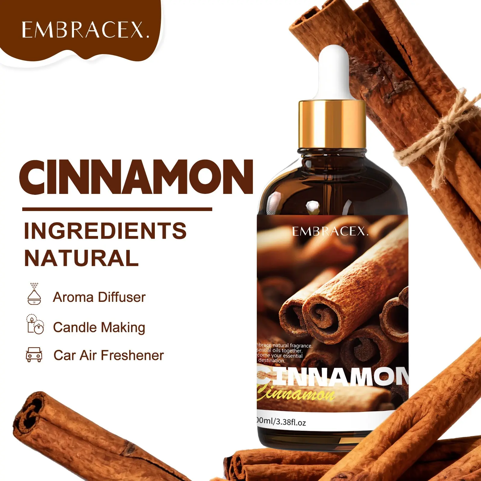 100ML Cinnamon Essential Oils, Scented Oil, Aromatherapy Plant-Based Body Massage Oil, Alcohol-Free Long-Lasting Scent, Humidifier Diffuser, Home Decor, Office Supplies, Wellness