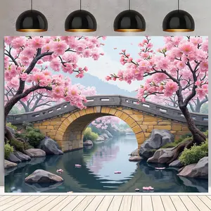 Summervibes 1pc Polyester Cherry Tree & Stone Arch Bridge Backdrop Cloth - Photo Booth Backdrops, Vibrant Print, Serene River with Rocks & Greenery, Multi-Size, Ideal for Spring Photography & Home Decor