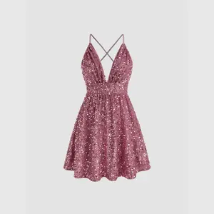 Cider [size 0-26] Sequin V-neck Solid Backless Criss Cross Mini Dress