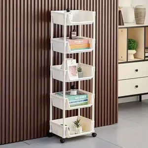 5 Layer Practical Mobile Rolling Multi-Functional Plastic Storage Cart with 4 Wheels, Floor Standing Shelves for Living Room Bedroom Dormitory Home Bookshelf Display Storage Rack