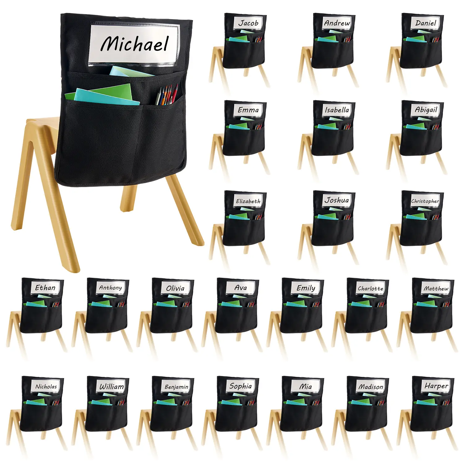 VEVOR 24-Pack 14x15 in Oxford Fabric Chairback Buddy Pockets with Name Tags, Black Multi Purpose Organizers for Kindergarten Classroom Kids, Back-to-School Classroom Management Desk Accessories