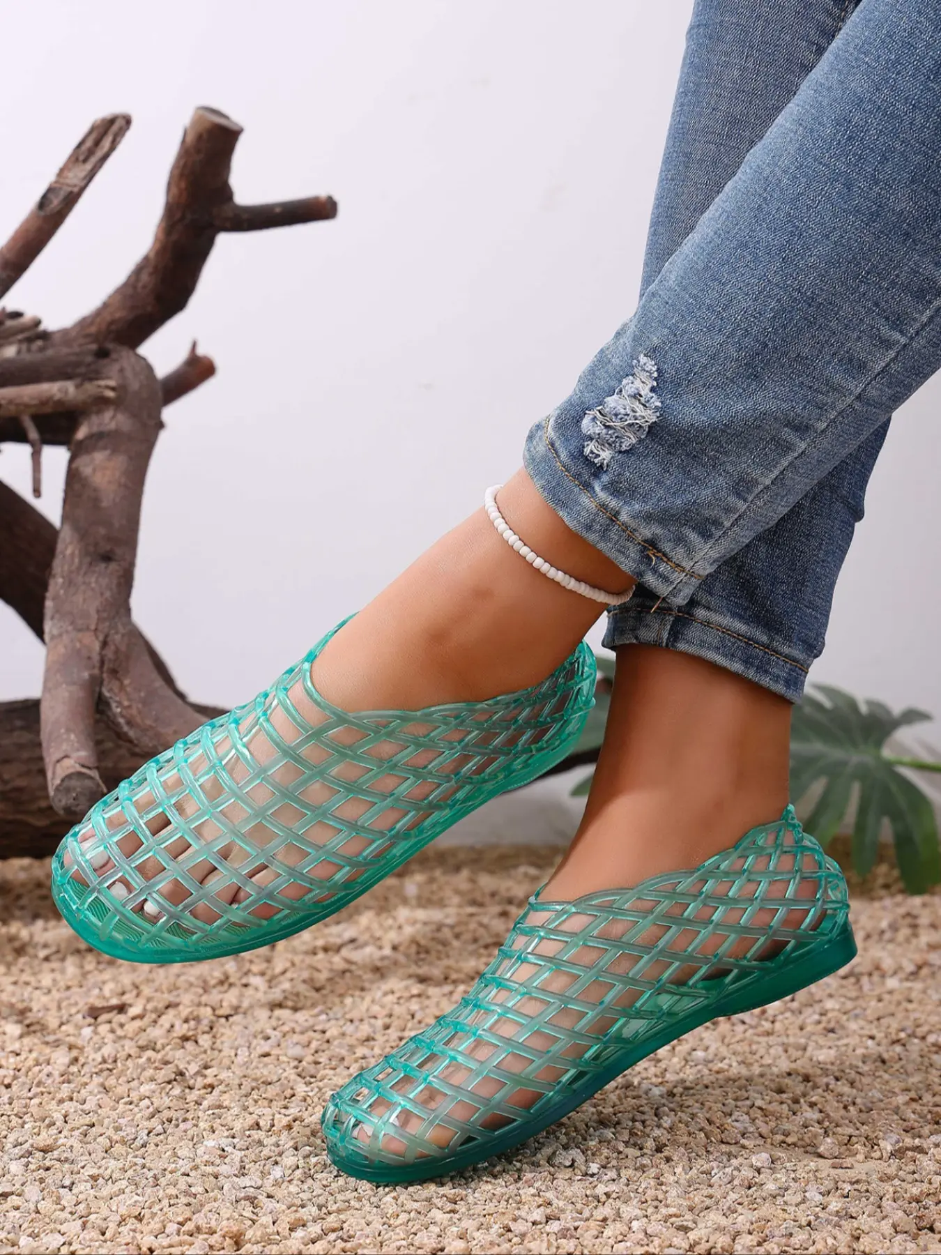 Women's Transparent Hollow Out Jelly Sandals Ballet Flats, Elegant Comfortable Lightweight Outdoor Beach Shoes, Summer Round Toe Casual Footwear, Slip On Shoes Clear Sandals