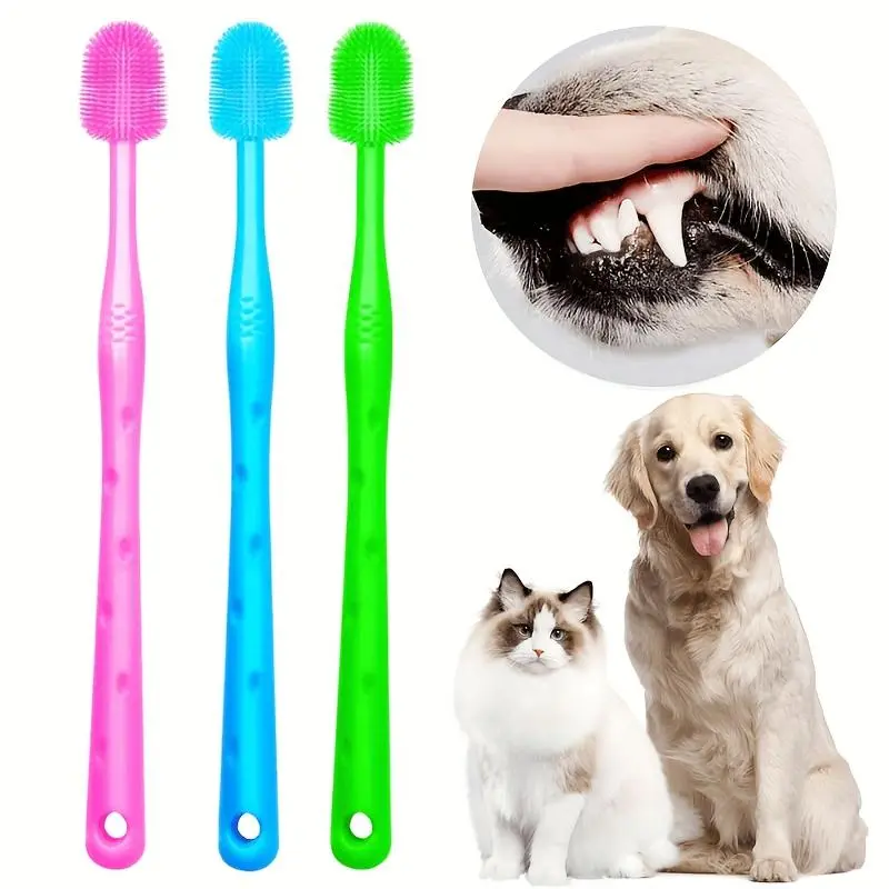 1 soft silicone pet toothbrush, Puppy toothbrush, suitable for dogs and cats, cleans the mouth, freshens the breath, long handle design, soft bristles, dental care, rich colors, environmentally friendly material, no battery required
