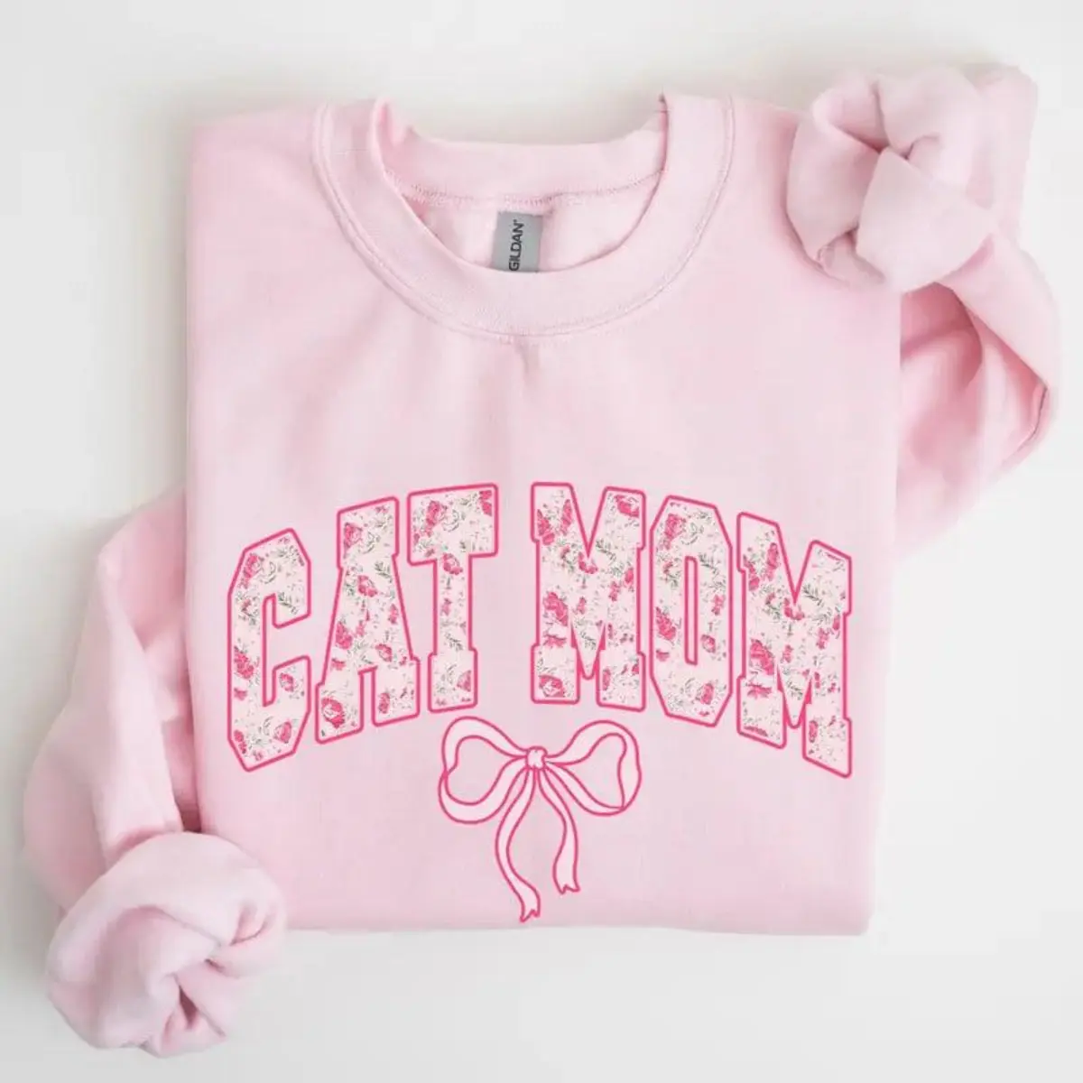 Floral Cat Mom Sweatshirt Gildan 18000 Light Pink Varsity Crewneck Coquette Bow Floral Block Letter Pet Lover Sweater Cute Cat Lover Gift Top