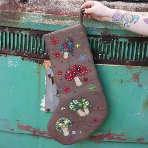 Handmade Gray Mushroom Wool Felt Boho Stocking