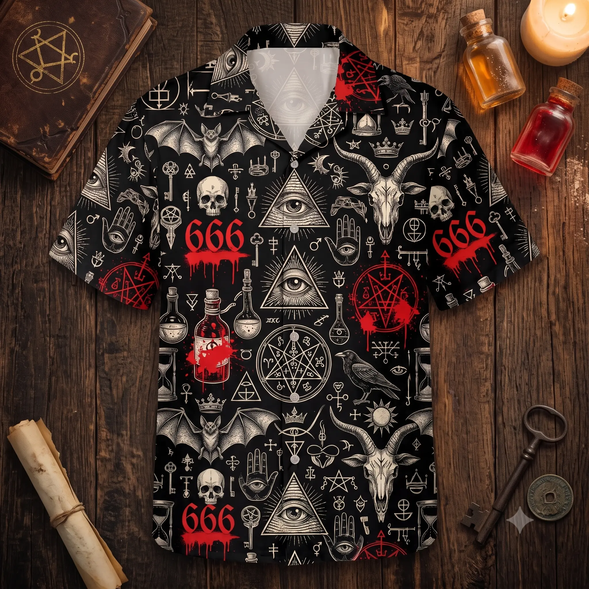 Men's Gothic Hawaiian Shirt - Occult Baphomet Pentagram Casual Short Sleeve Button Down Alternative Shirt