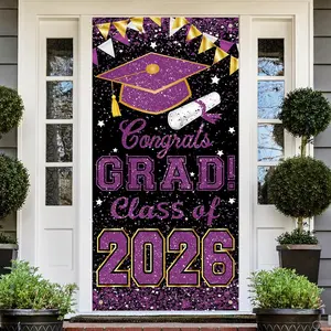 73 x 36 Inch Congrats Grad Class of 2026 Sign Banner Door Cover, Graduation Party Decorations, Large Front Door Porch Sign Backdrop for Wall Indoor Outdoor Photo Booth Props Party Supplies (Purple)