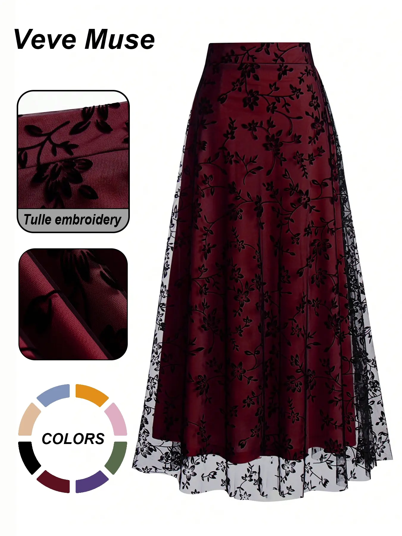 Women's Floral Embroidery Contrast Netting A-line Half Skirt, Tulle Fabric Skirt, Casual Elegant High Waist Midi Dress for Party, Holiday, Wedding Guest Wear, Four Seasons Suitable Long Dress for Women, Elegant Fashion Skirt